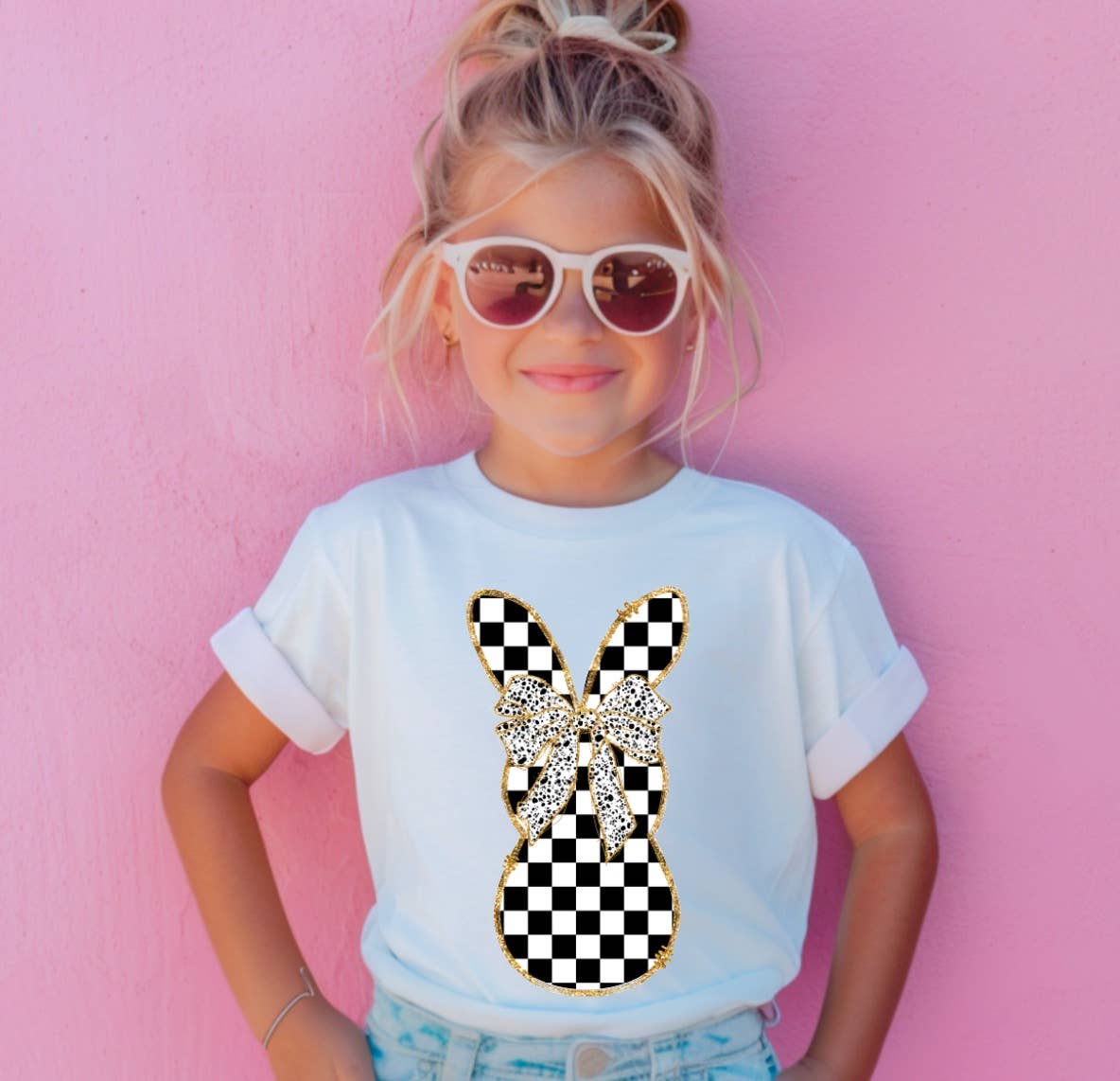 Faux Glitter Checker Coquette Bunny Tee Easter Kids