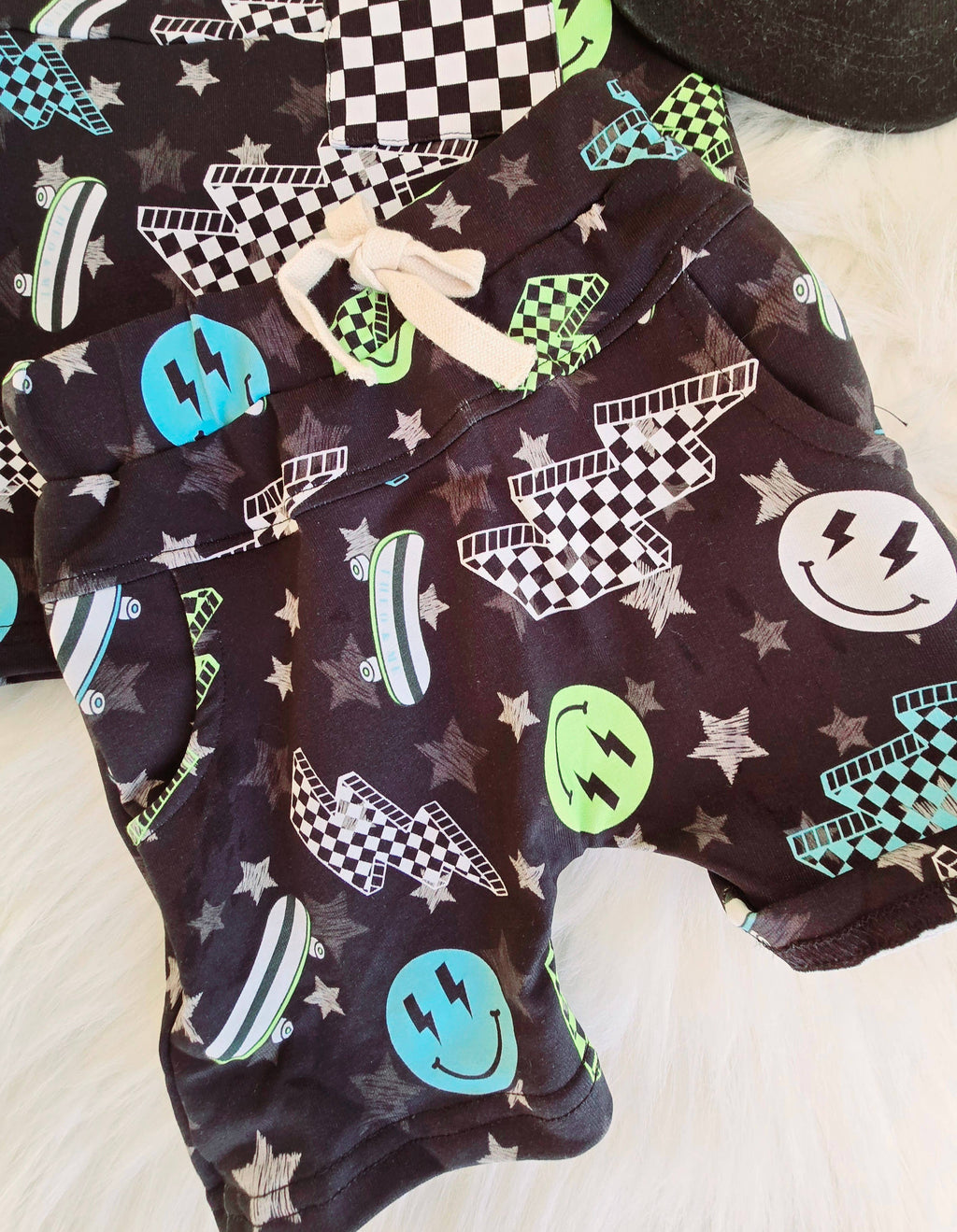 Summer Short Set - Black Neon Happy Faces