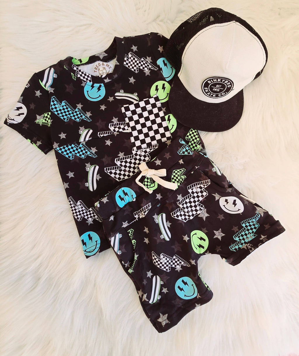 Summer Short Set - Black Neon Happy Faces