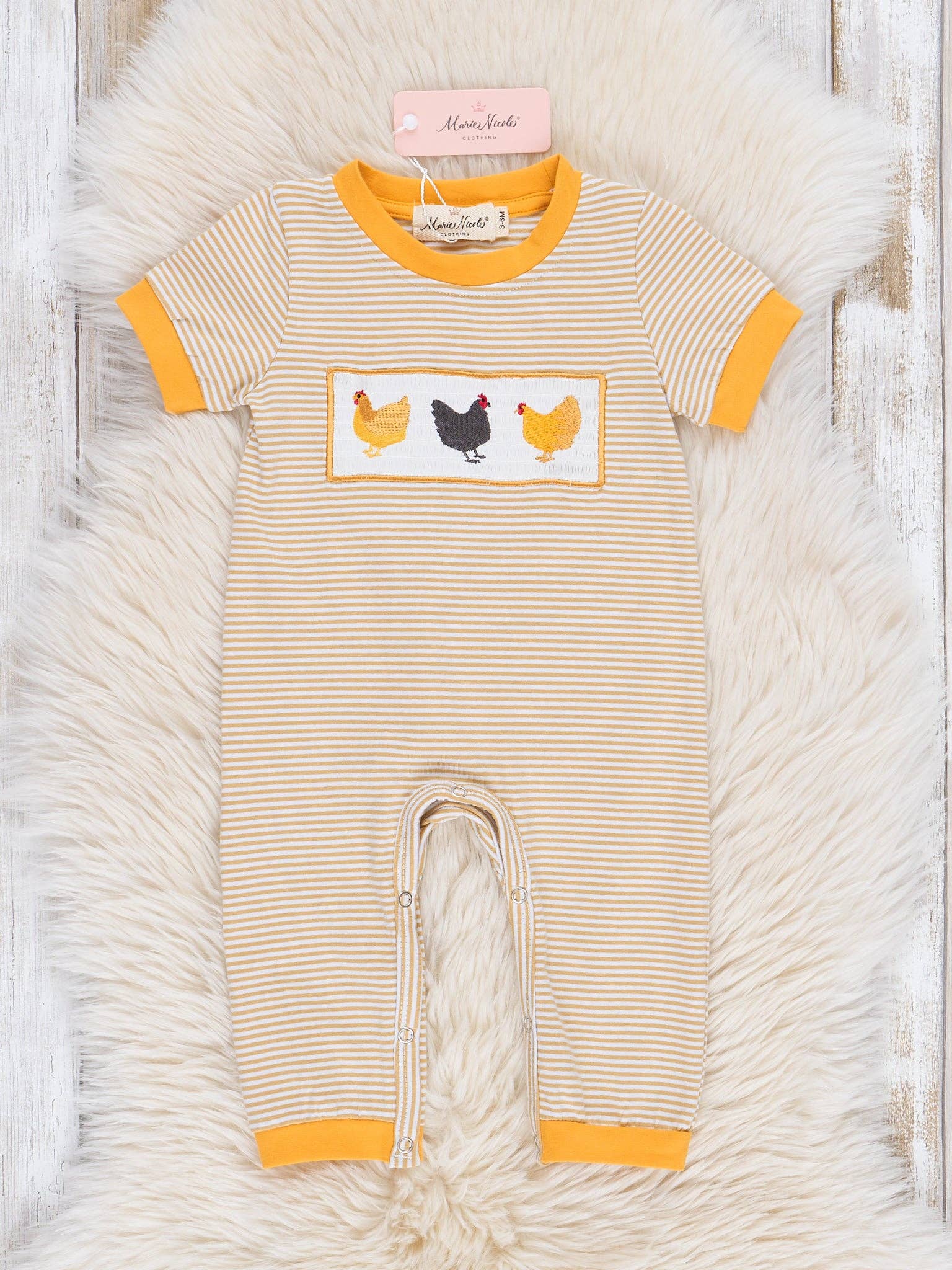 Golden Smocked Chicken Party Baby Romper