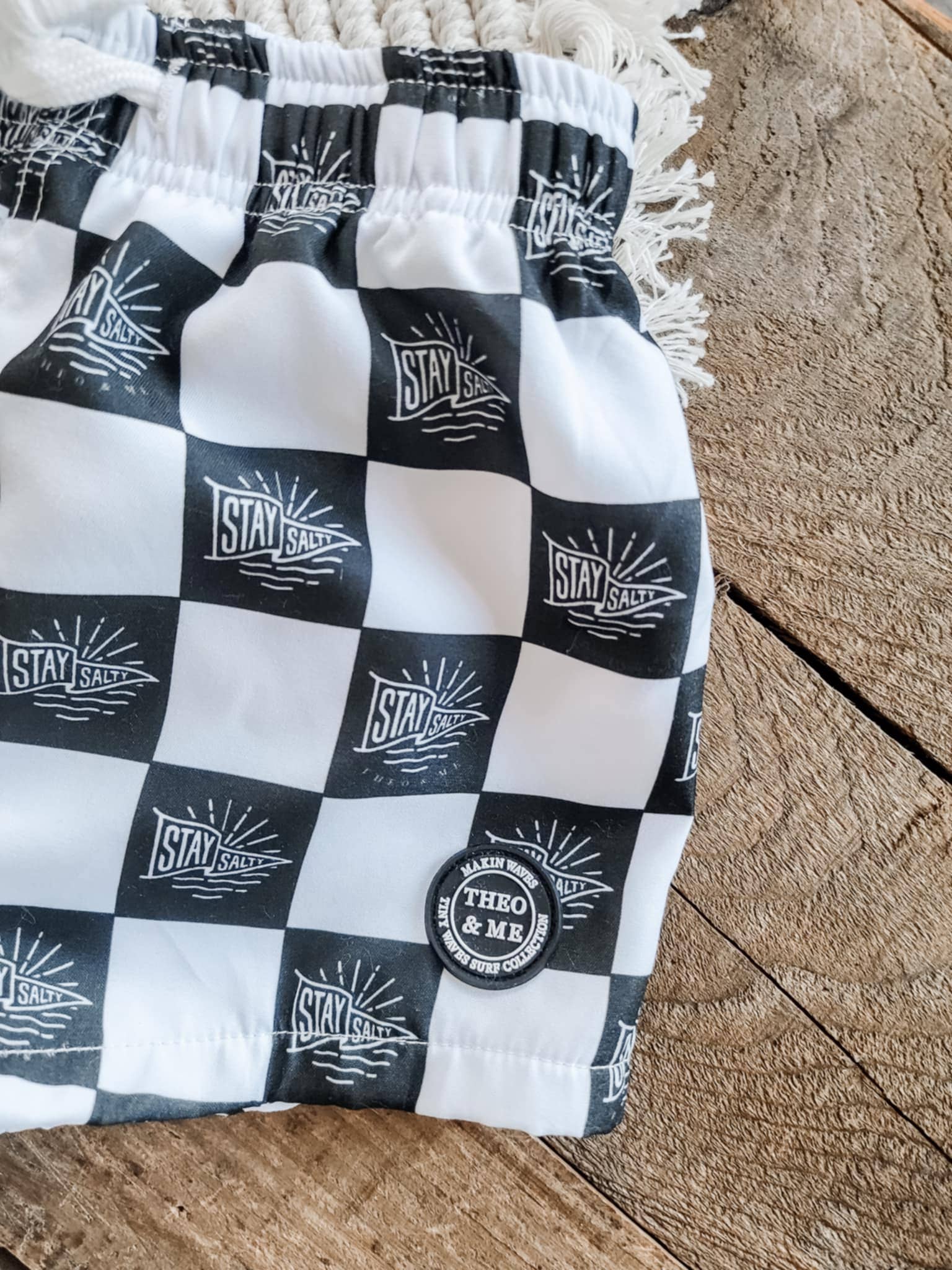 Boys Swim Trunks Swimsuit - Black & White Check Stay Salty