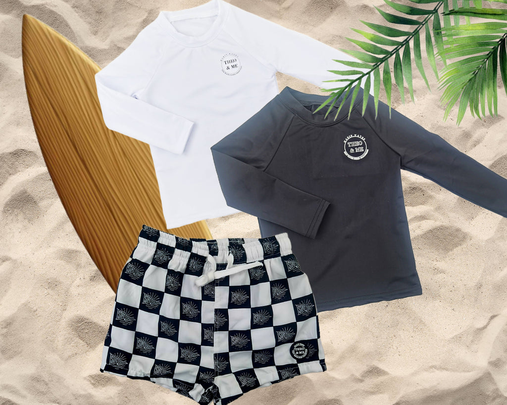 Boys Swim Trunks Swimsuit - Black & White Check Stay Salty