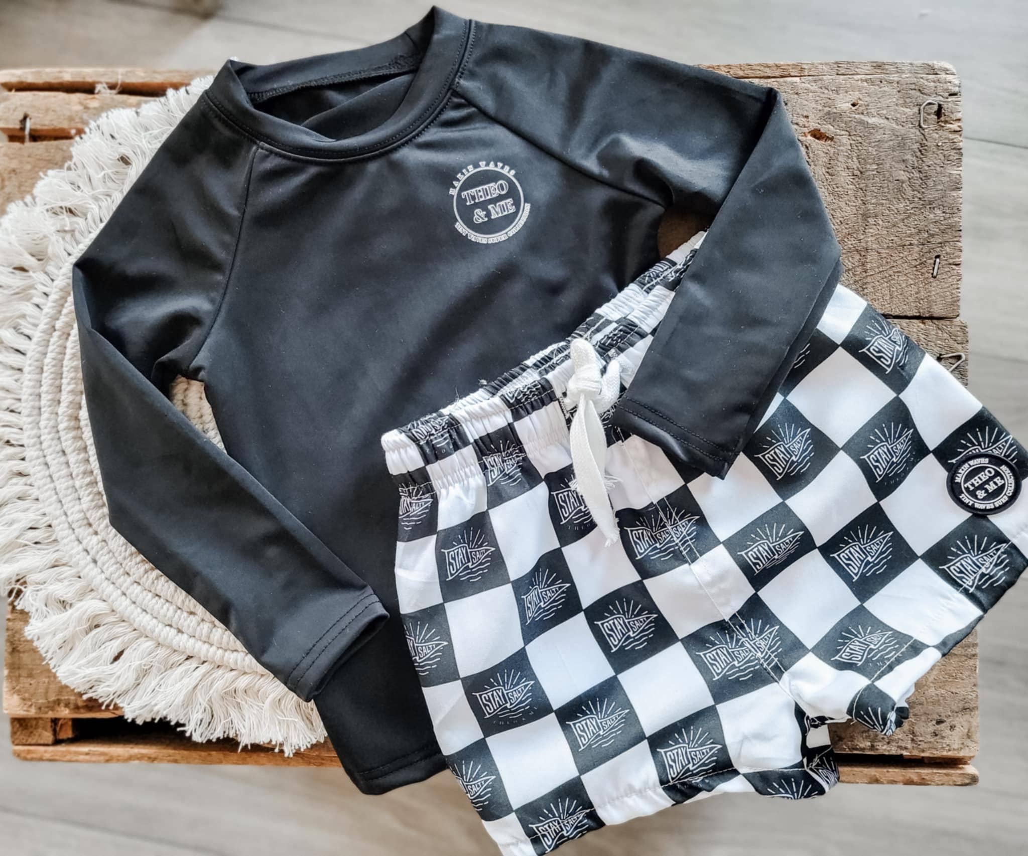 Boys Swim Trunks Swimsuit - Black & White Check Stay Salty