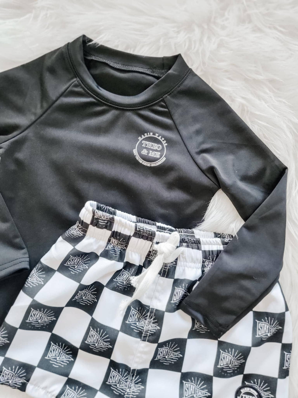 Boys Swim Trunks Swimsuit - Black & White Check Stay Salty