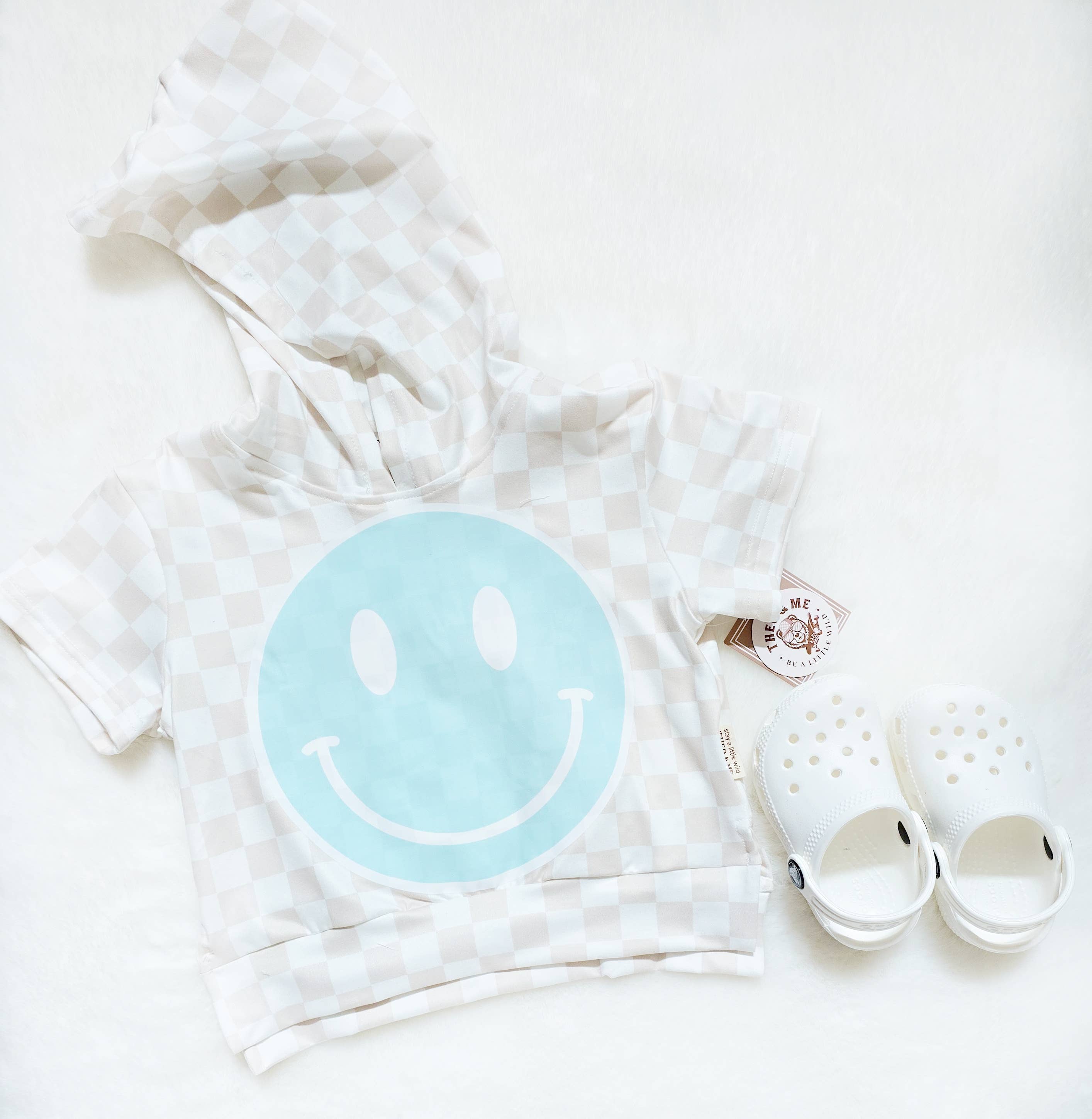 Unisex Tan Check Happy Face Hooded Top with Biker Shorts