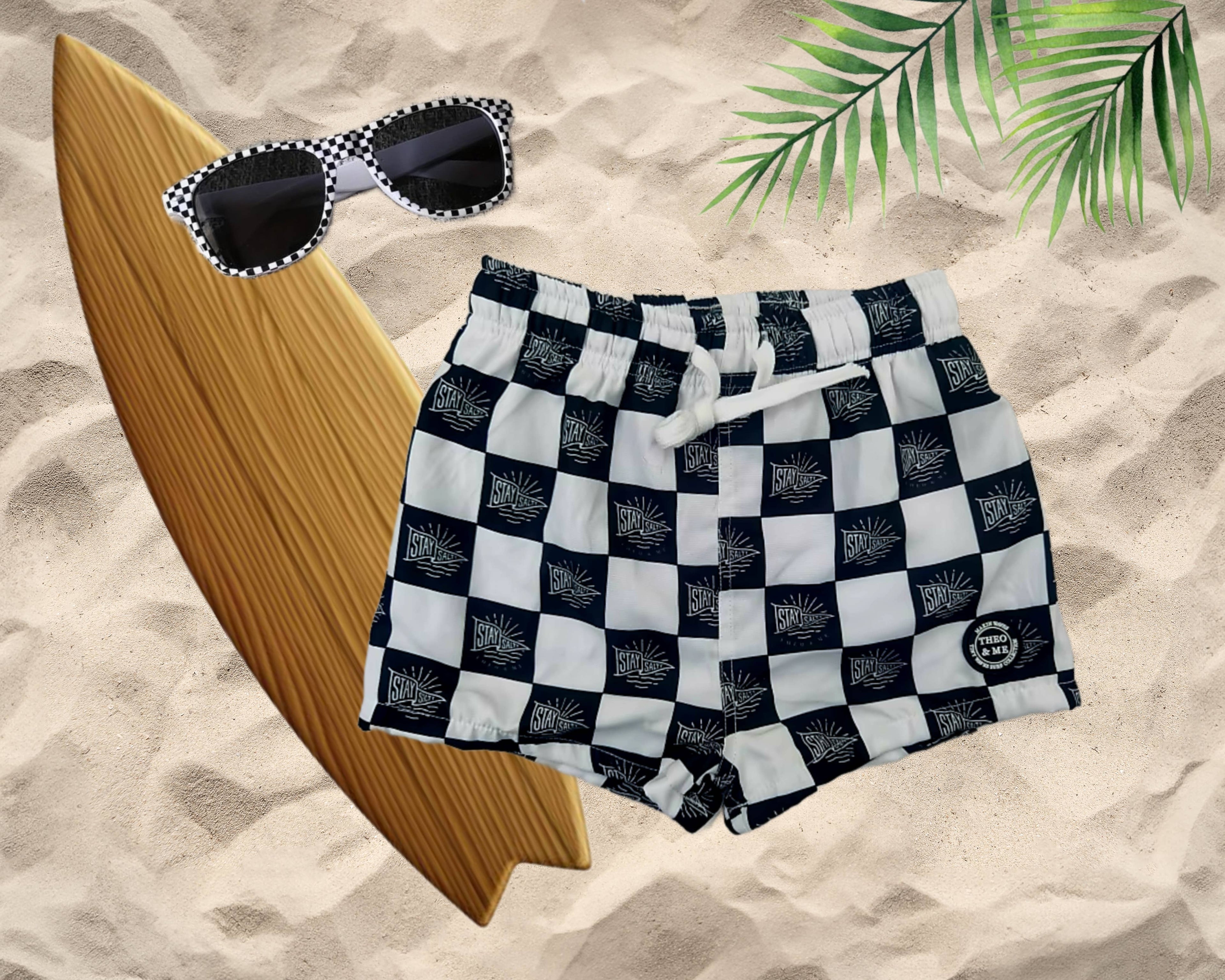 Boys Swim Trunks Swimsuit - Black & White Check Stay Salty